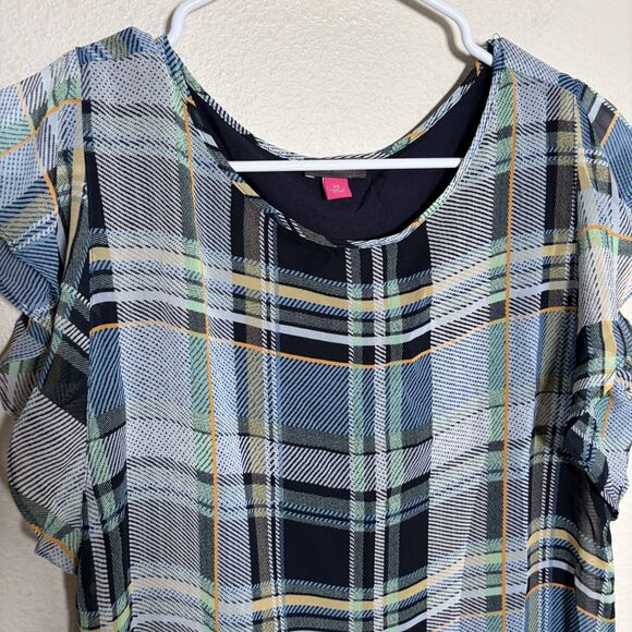 Vince Camuto Blouse Women's XS Plaid Sheer Ruffle Casual Round Neck Top - Picture 2 of 8
